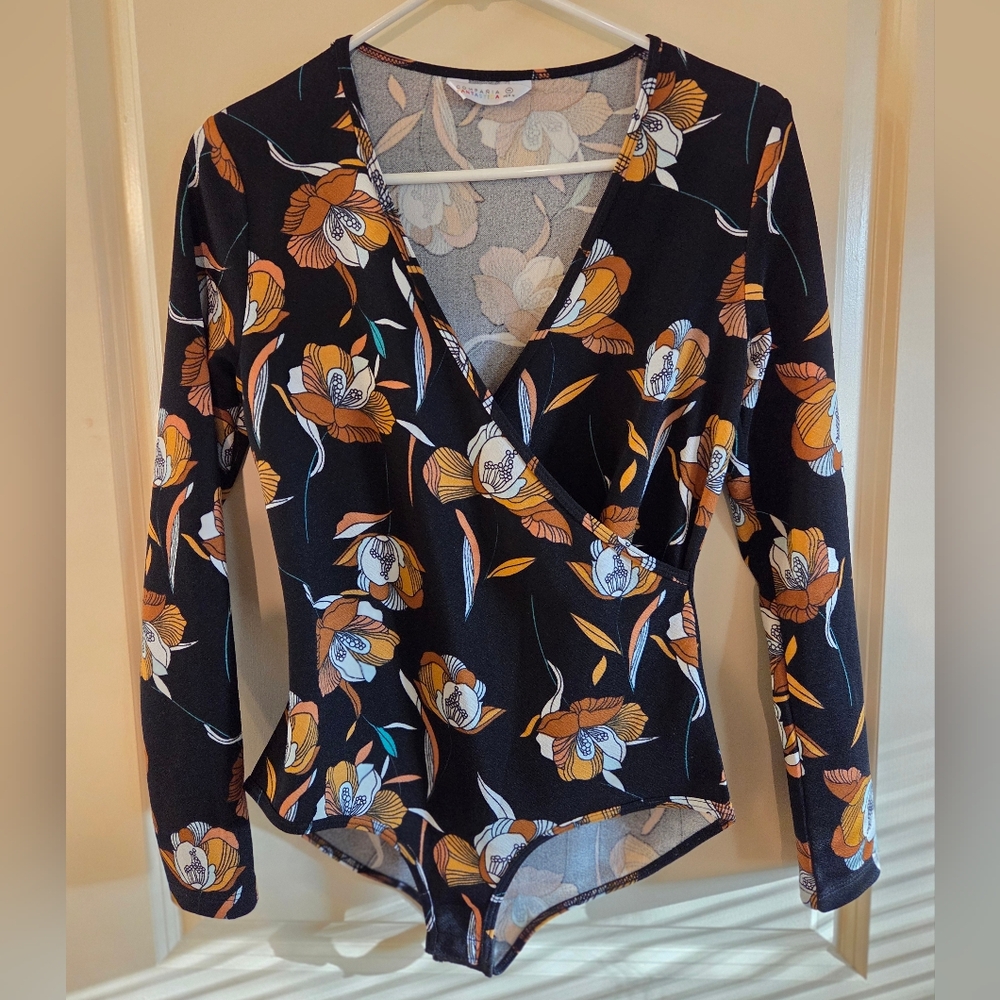 Floral Long Sleeve Wrap Top Bodysuit ModCloth Compania Fantastica Retro 1970's